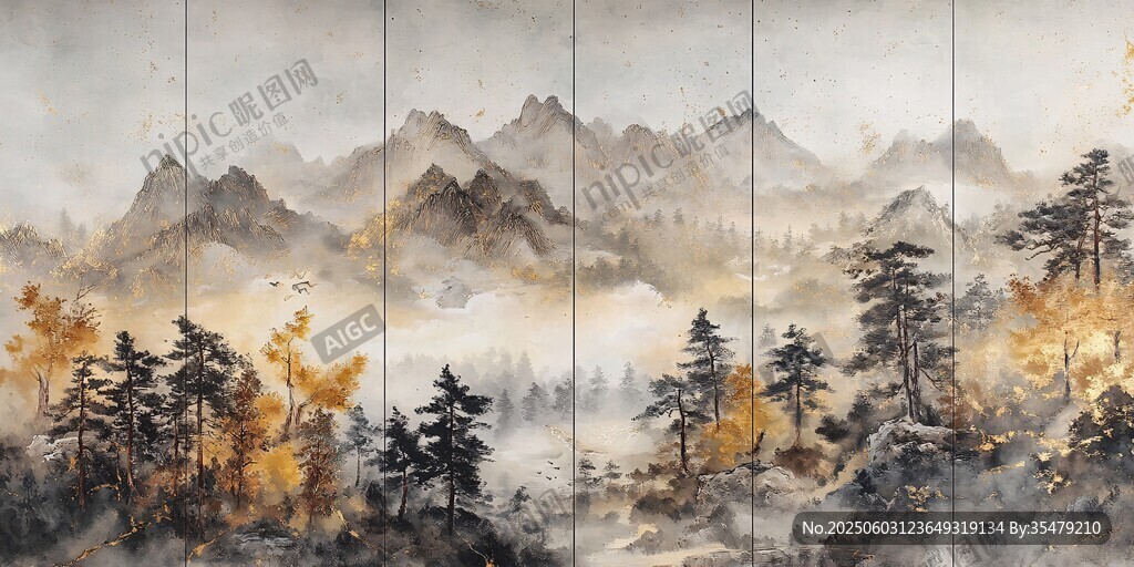 水墨山水秋景屏风画