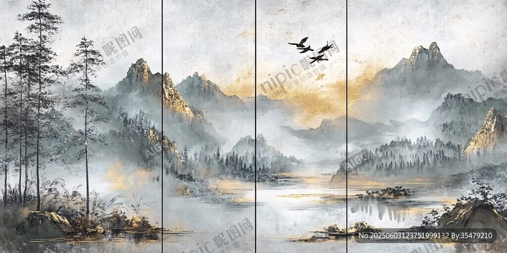 水墨山水间飞鸟掠过美景