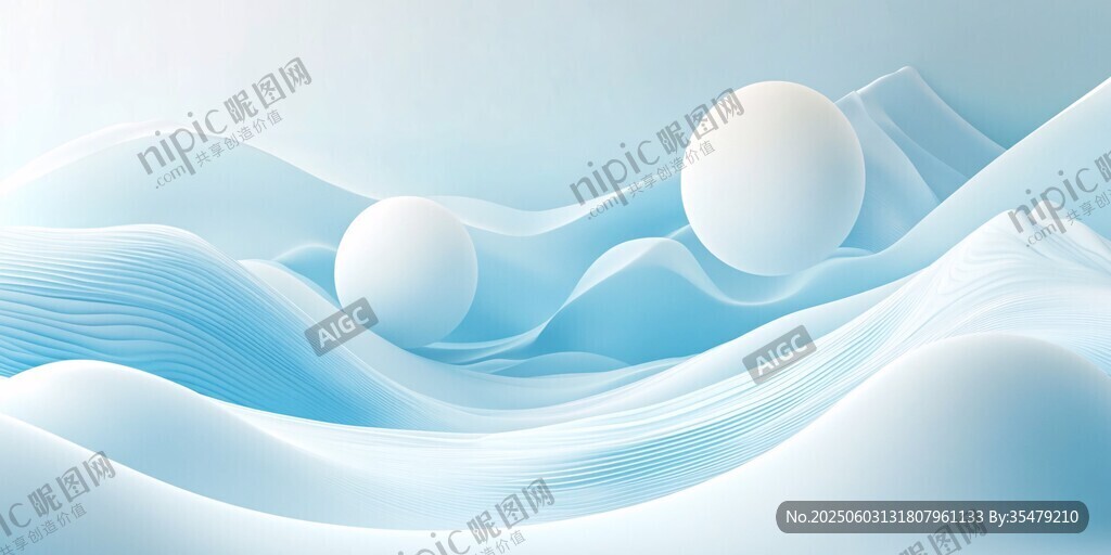 梦幻蓝白流体与球体景观