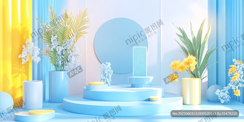 清新蓝调花卉陈列展示台