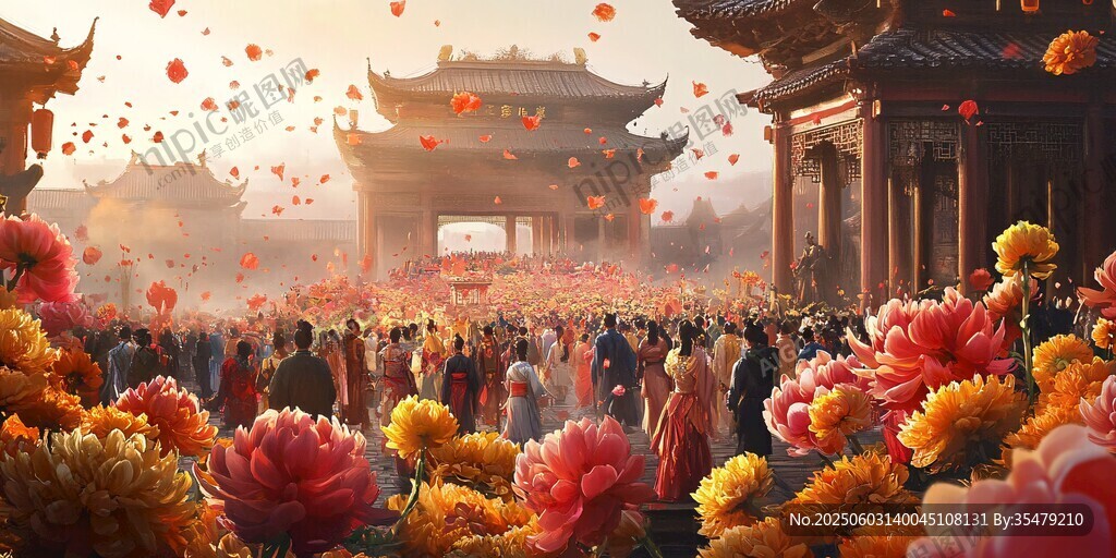 古风庆典人群繁花共赏景