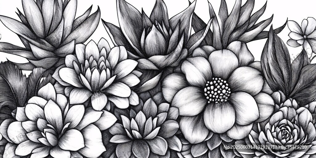 黑白花卉植物图案插画