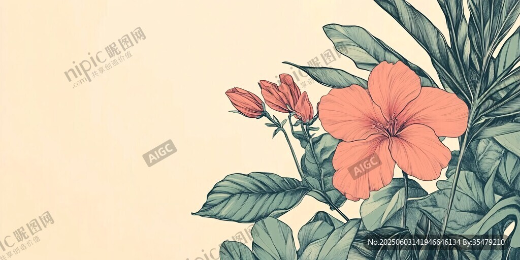 手绘扶桑花与绿叶背景图