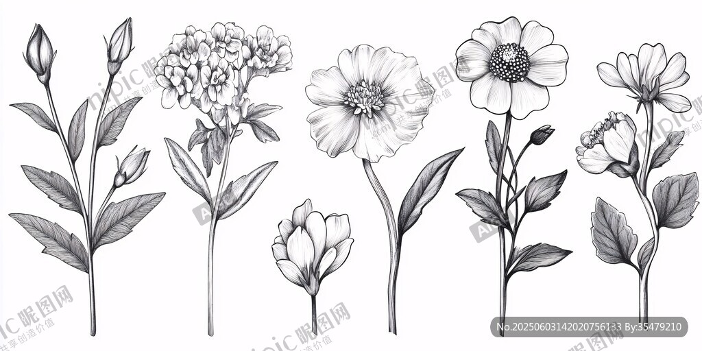 手绘黑白花卉植物插画
