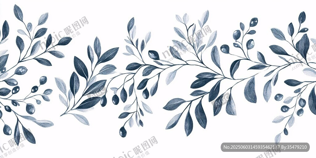 蓝调枝叶花纹装饰图案
