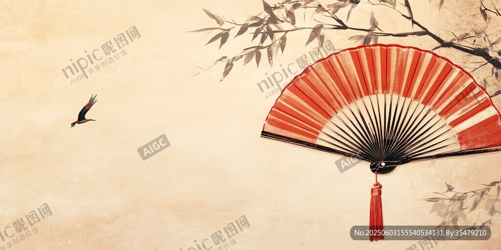 古典折扇伴飞鸟花枝