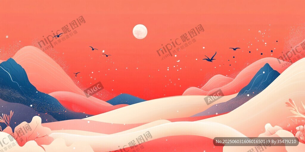 夕阳下的山川飞鸟美景