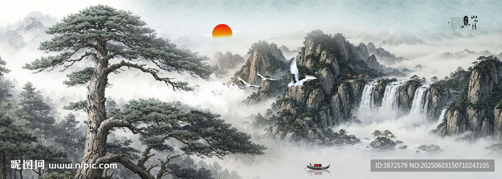 国画迎客松风景画