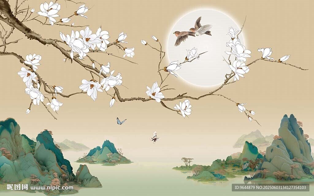 手绘玉兰花鸟山水背景墙