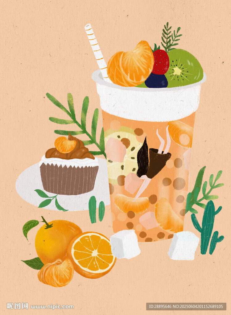 缤纷美味水果饮品与甜点插画手绘