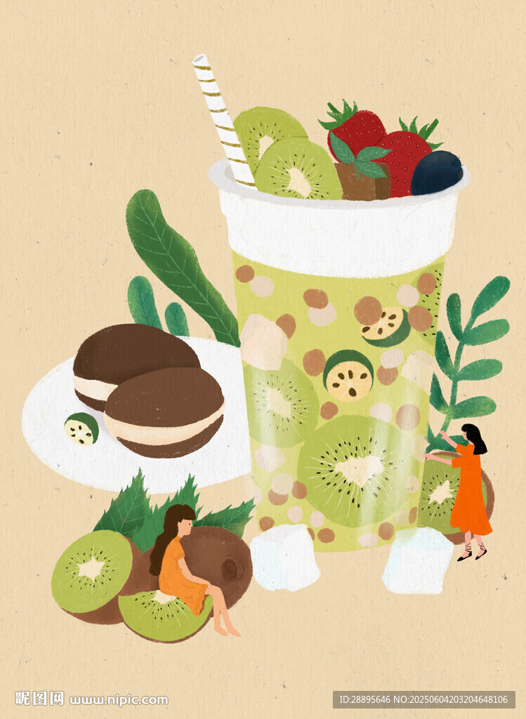 缤纷水果杯与甜点插画手绘