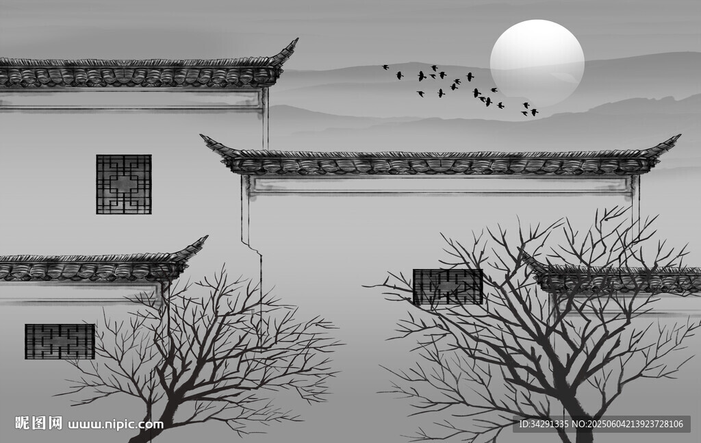 水墨江南月夜古建筑壁画