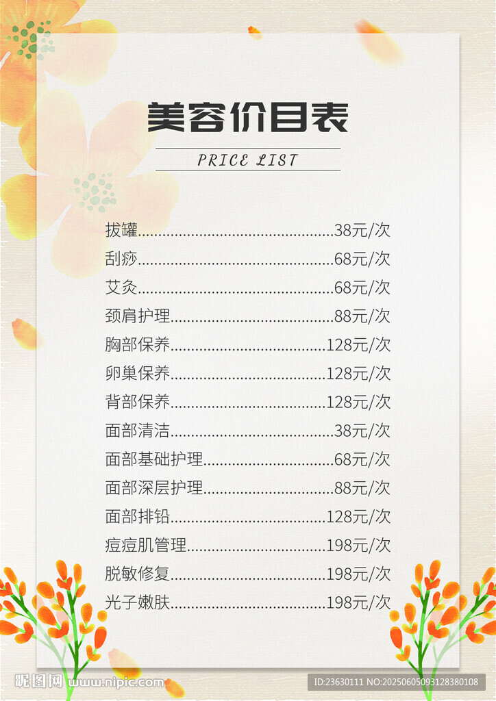 美容项目价目表设计模板