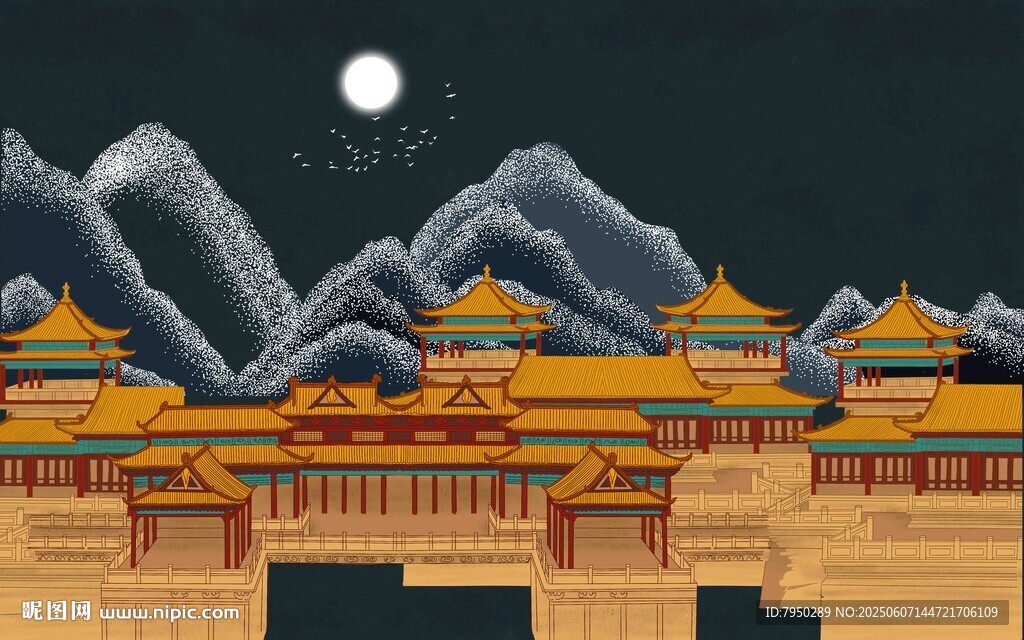 月夜下的中式古建筑景观
