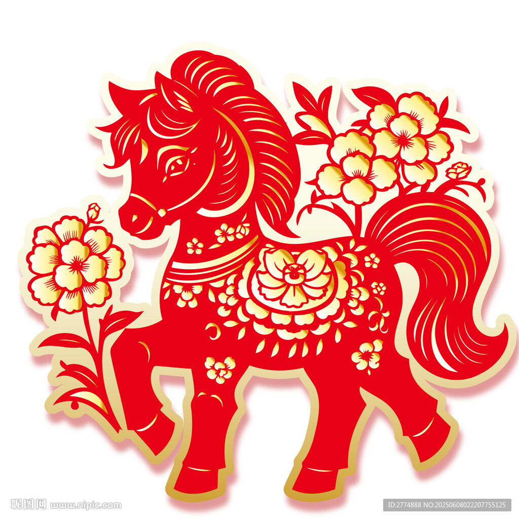 红色剪纸风骏马花卉图案