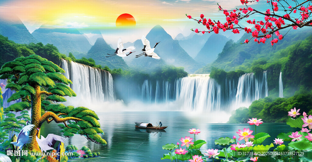 迎客松瀑布山水画壁画