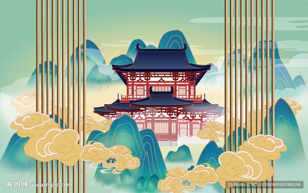 古风楼阁于山水云雾间