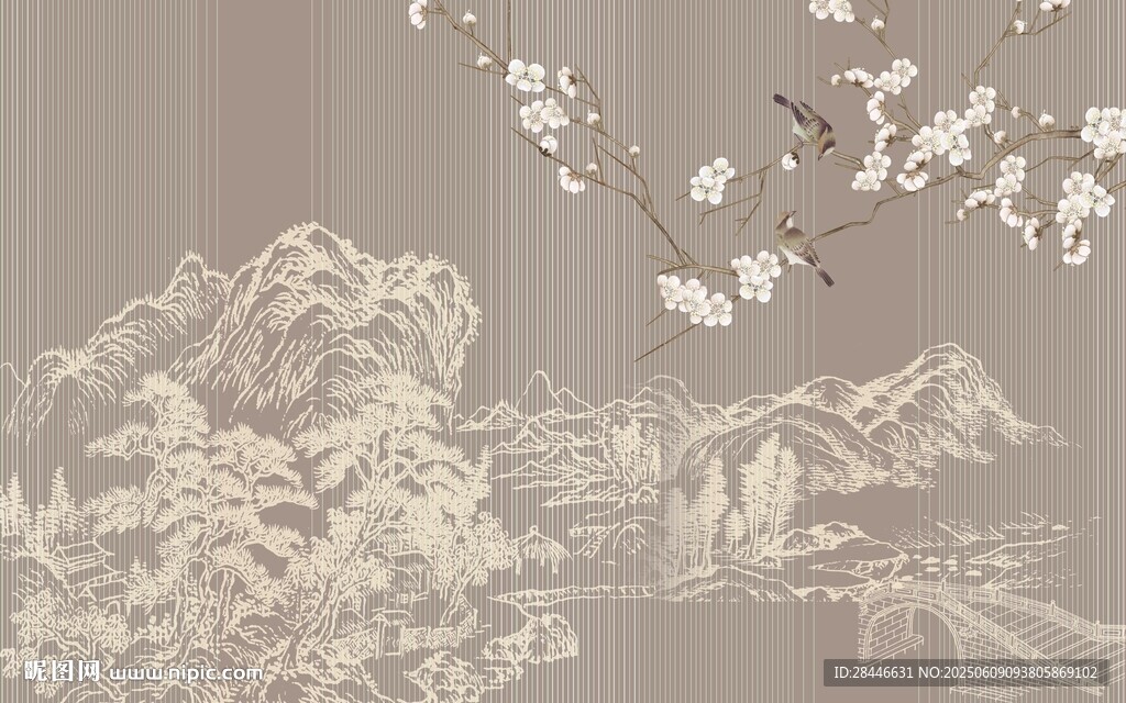 中式水墨山水花鸟图景