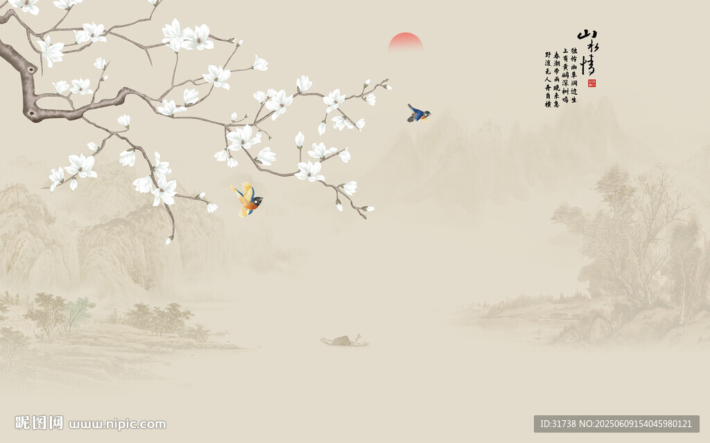 新中式花鸟画兰花背景壁纸壁画