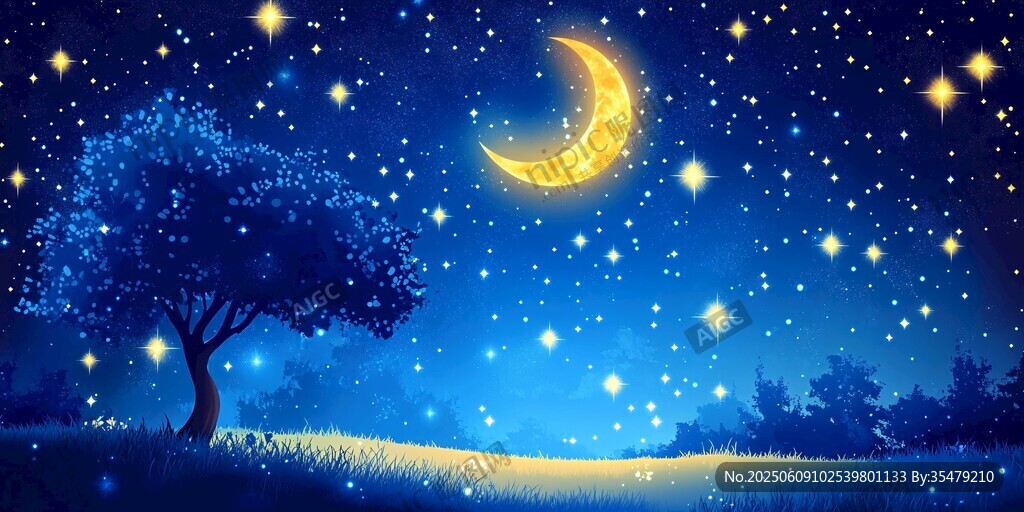 梦幻月夜下的静谧树景