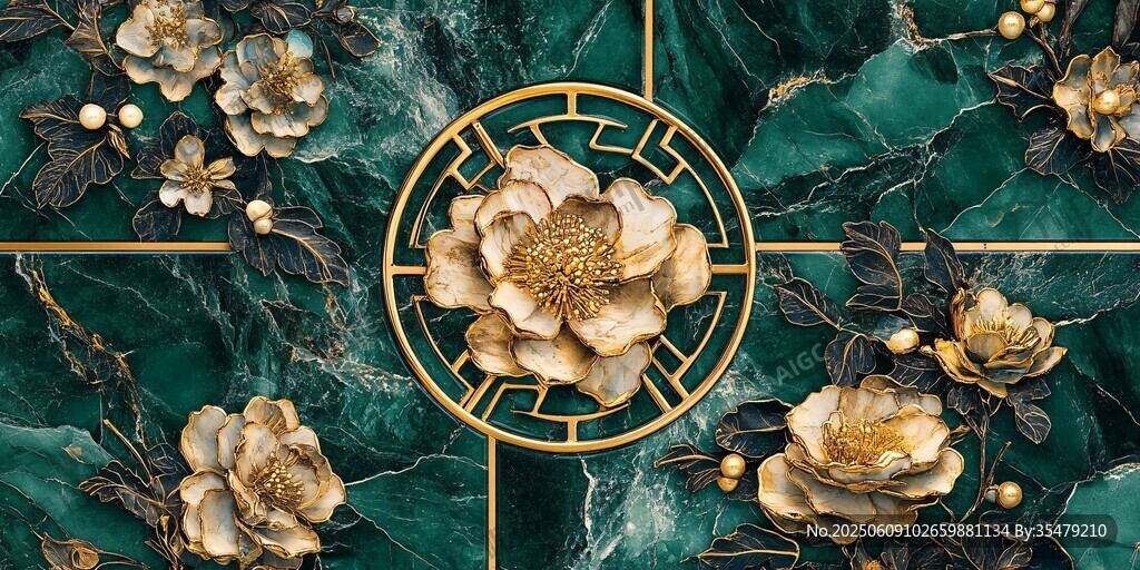 中式金绿花卉大理石纹图案