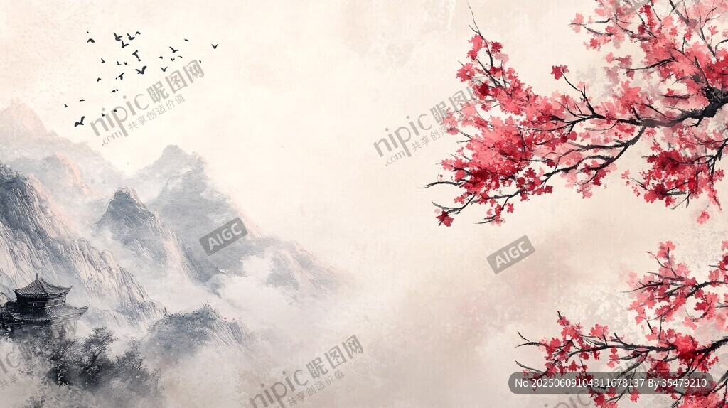 水墨山水间的烂漫花枝