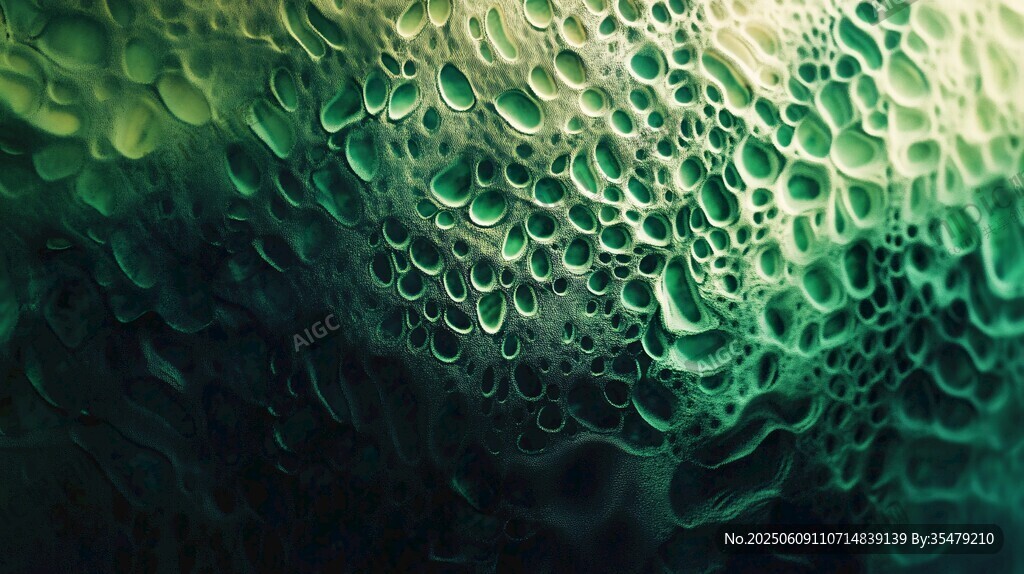 晶莹绿底水滴微观景象