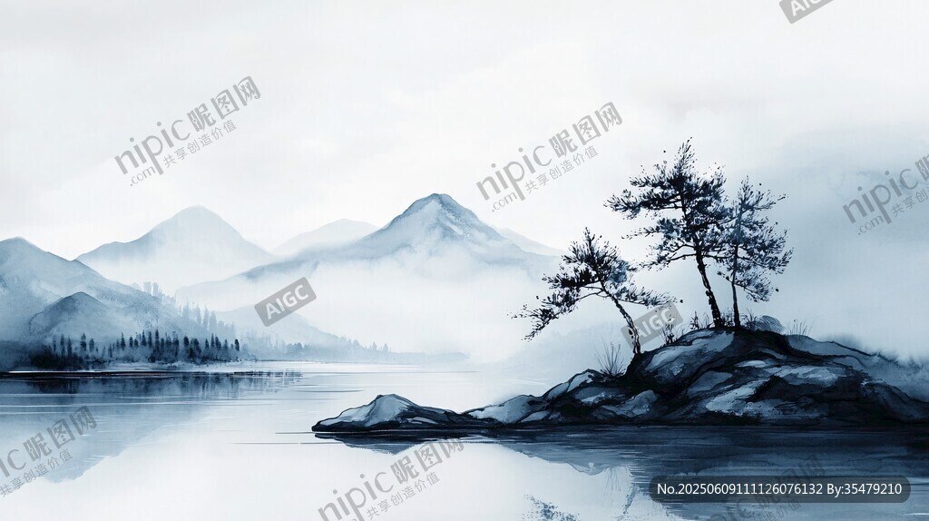 水墨山水间孤树静立之景