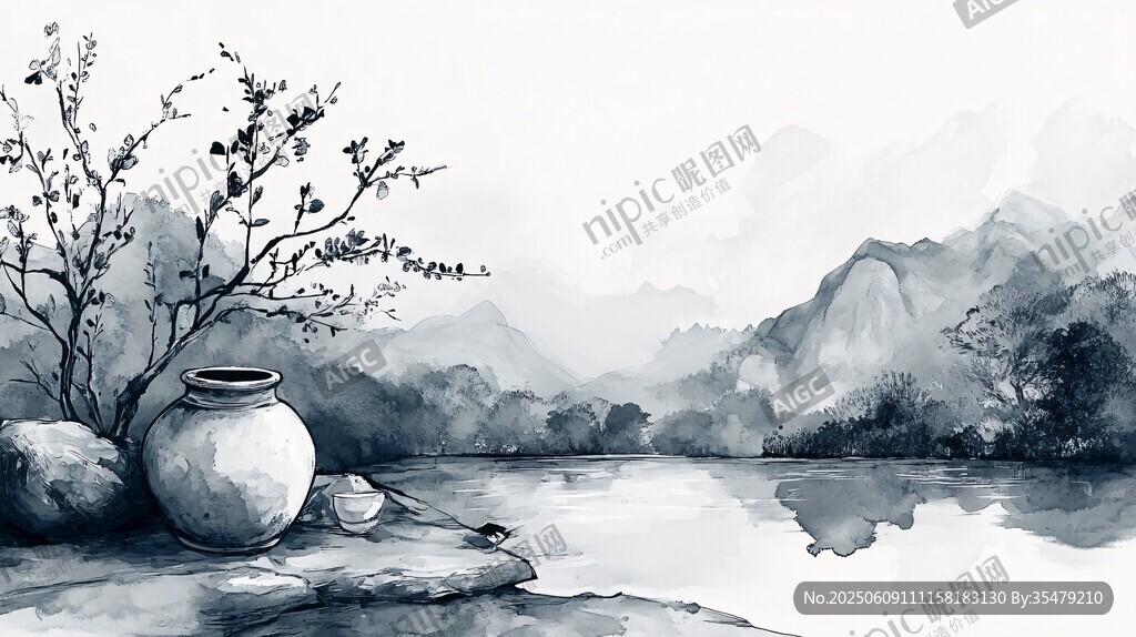 水墨山水间的陶罐与春景