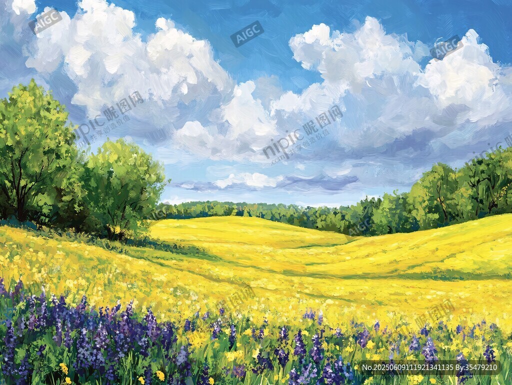 夏日田野风光油画美景