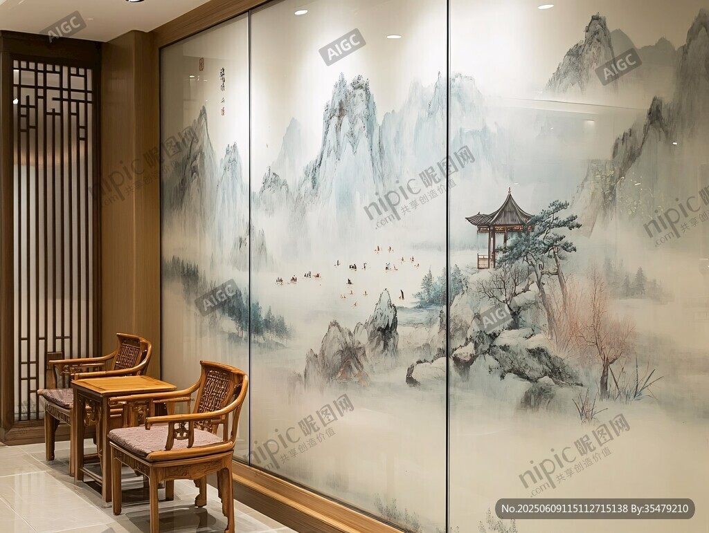 中式山水壁画装饰的客厅