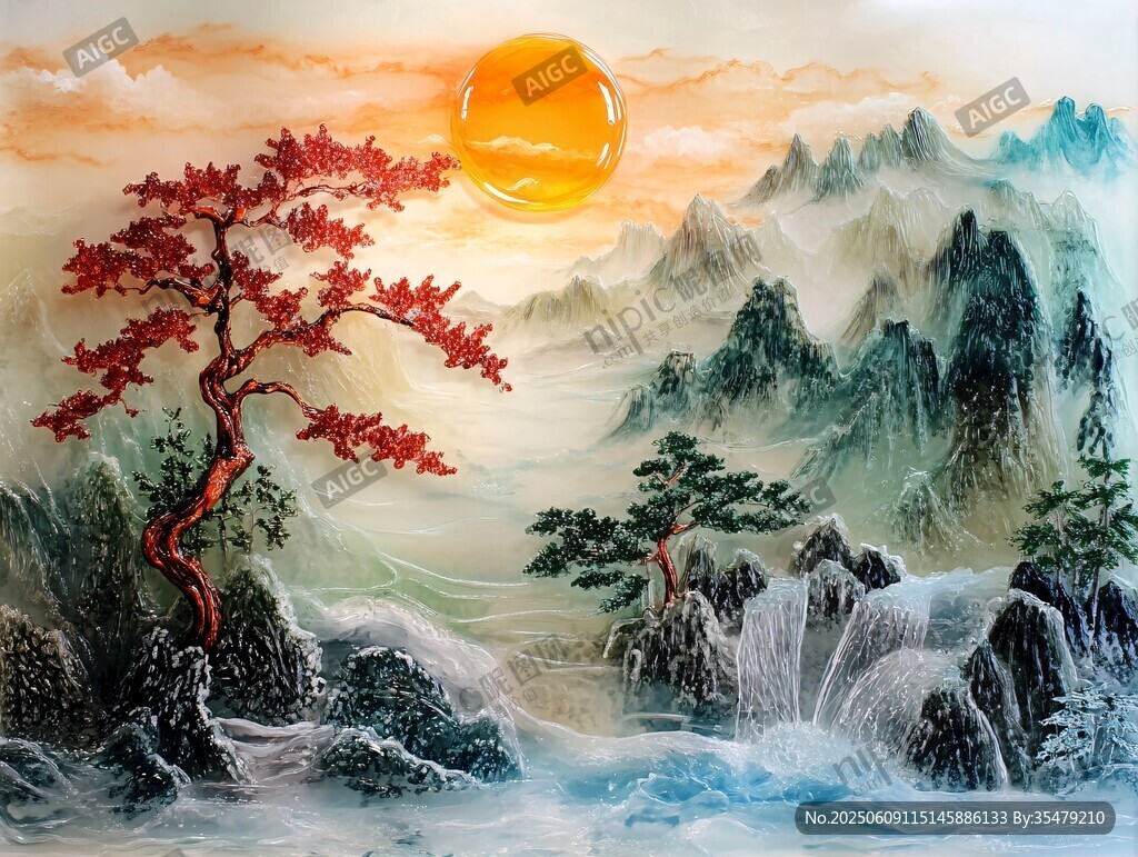 旭日红山景图