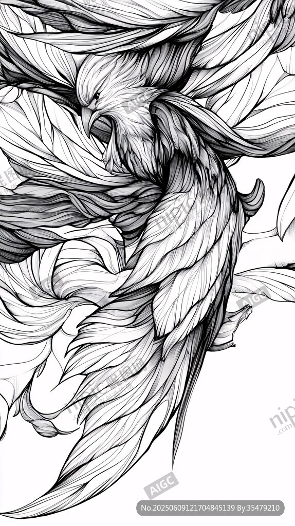 黑白凤羽插画艺术