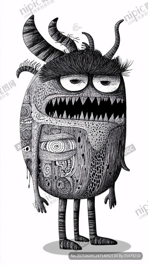 黑白搞怪独眼怪兽插画