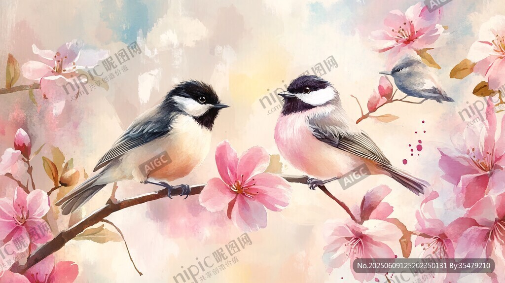 春日花鸟图 双雀栖于花枝