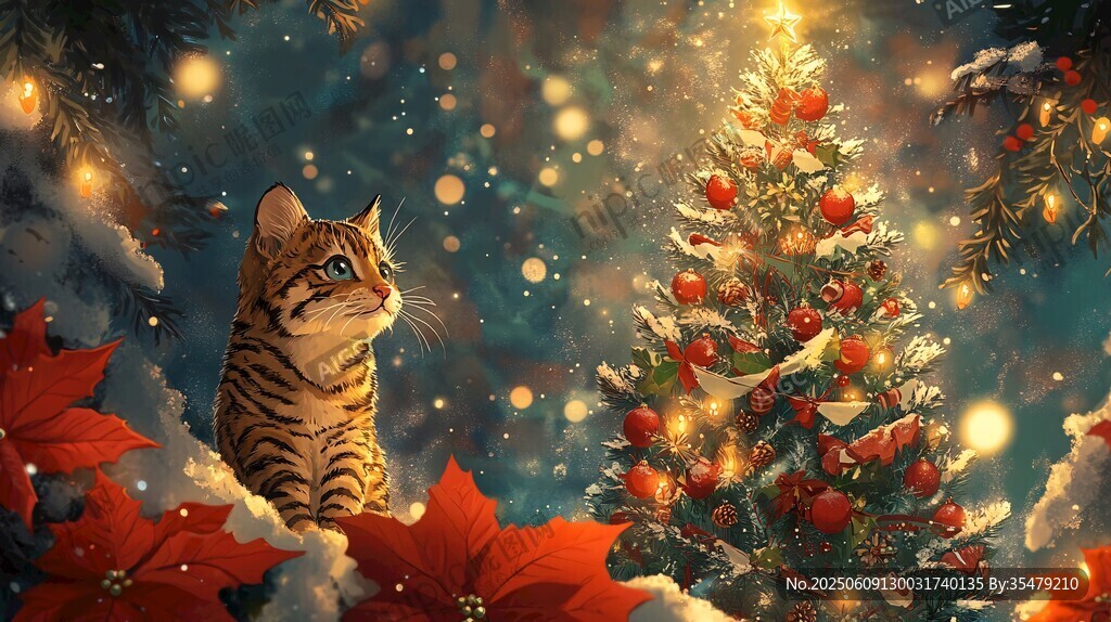 圣诞夜猫咪赏圣诞树
