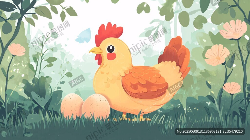母鸡在绿植间守护鸡蛋