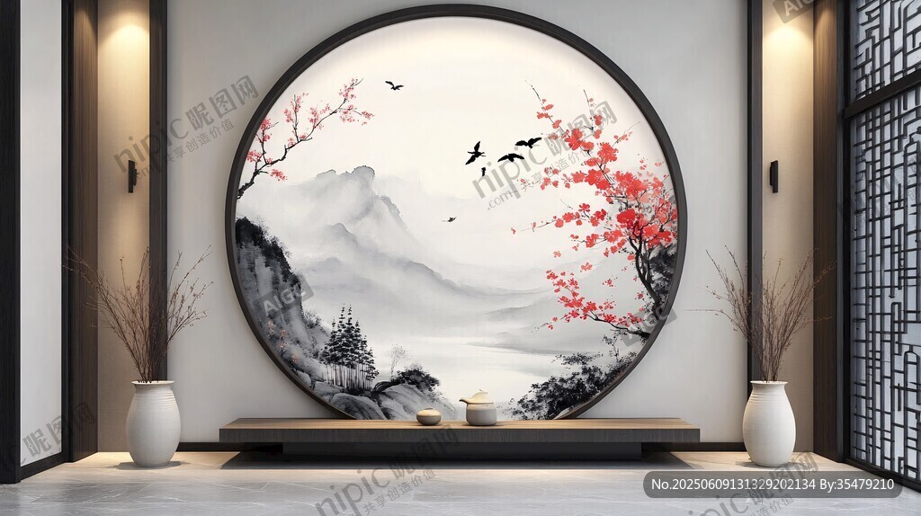 中式客厅圆形山水花鸟挂画