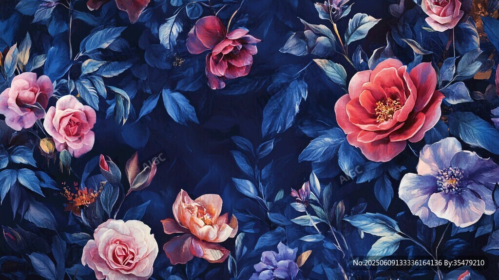 深蓝背景绚丽花卉图案
