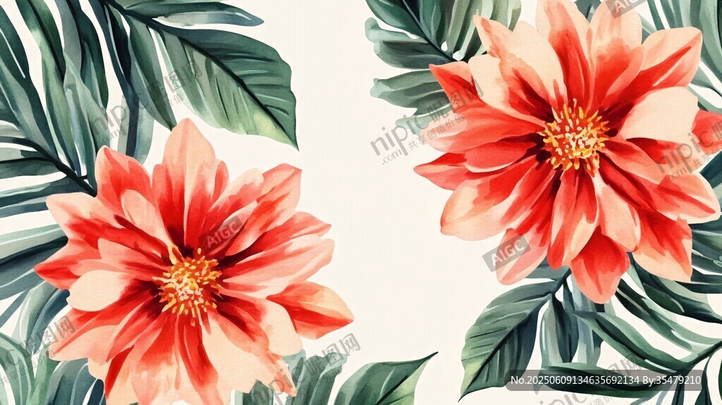 两朵橙花配绿叶插画