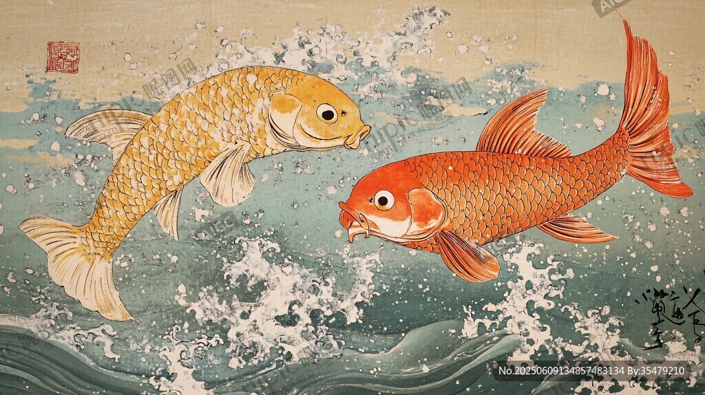 双鲤戏浪图