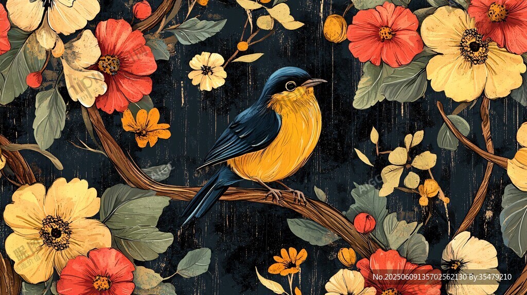 花鸟图中栖息的斑斓小鸟