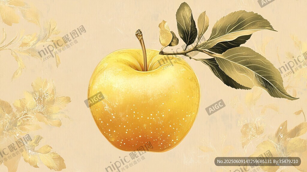 金黄苹果配绿叶花卉