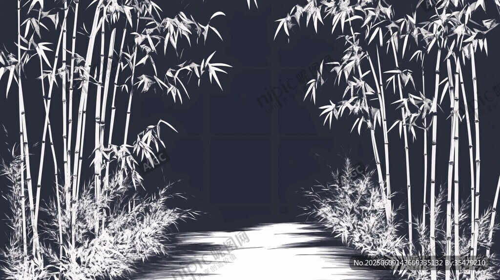 黑白竹林小径意境图