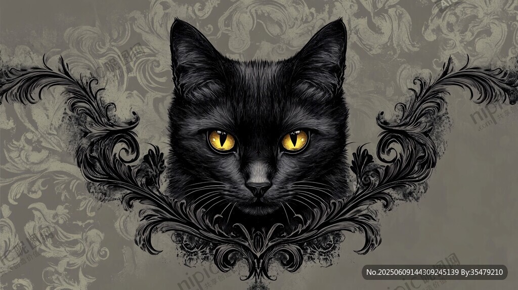 黑猫配华丽花纹艺术插画
