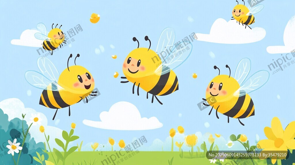 快乐蜜蜂在花草间飞舞