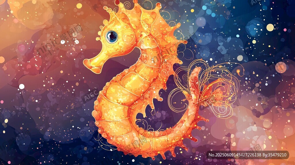 梦幻橙色海马畅游星空