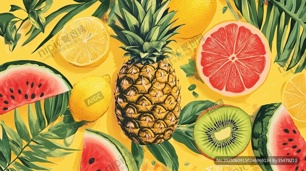 缤纷水果与绿叶活力插画