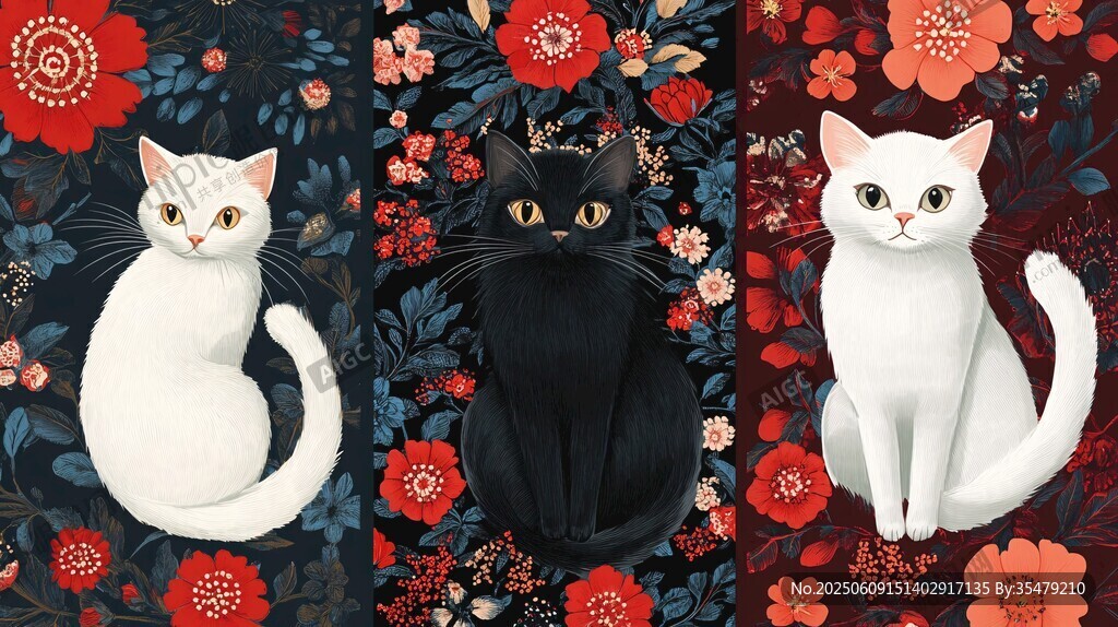 三只萌猫与繁花背景