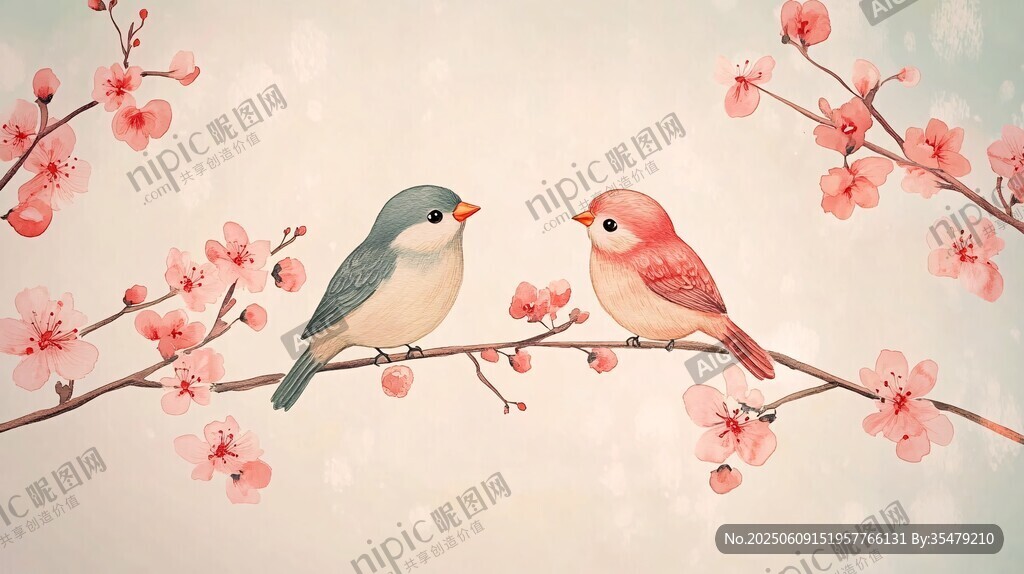 双鸟栖于繁花枝头